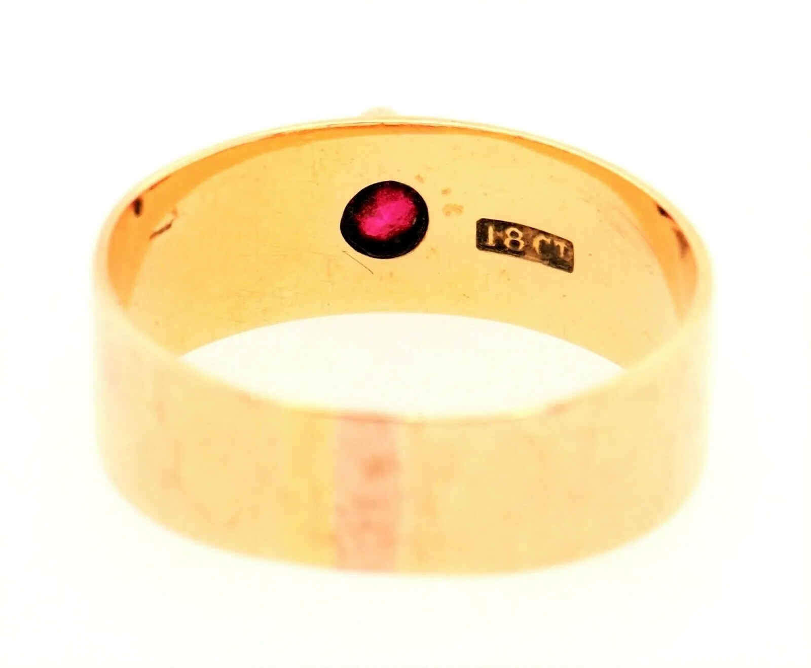 Ruby & 18ct Yellow Gold Wide Band Ring - Fine Vintage Jewellery - Size P 1/2