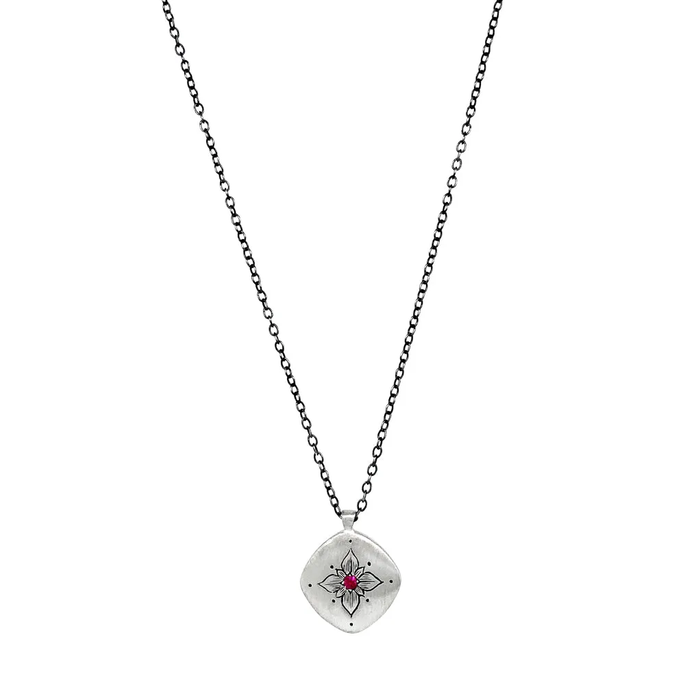 Ruby & Sterling Silver Necklace - "Lotus Cushion"