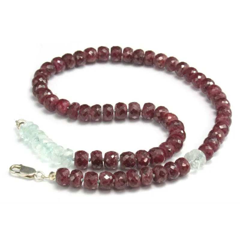 Ruby and Aquamarine Knotted Necklace w/Sterling Silver Lobster Clasp