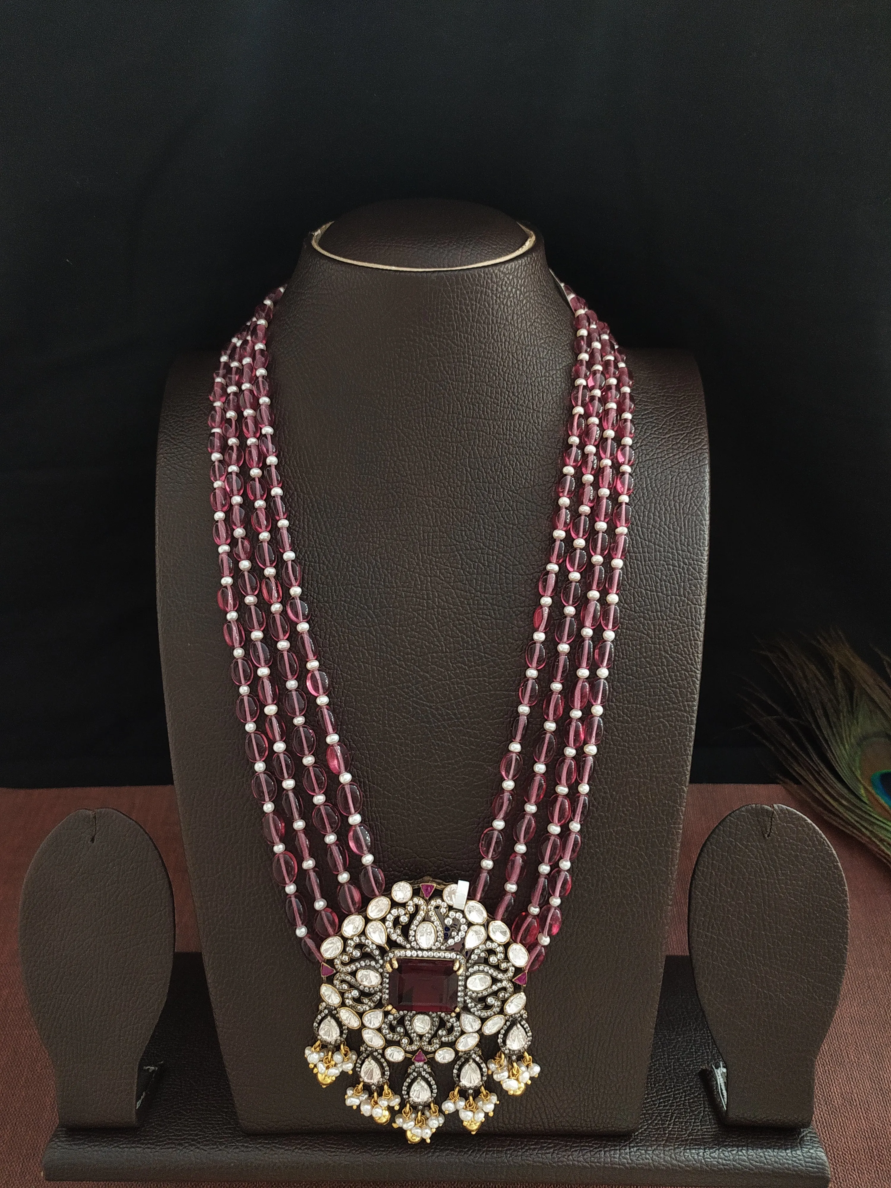 Ruby Color Silver Monzonite Mala Set