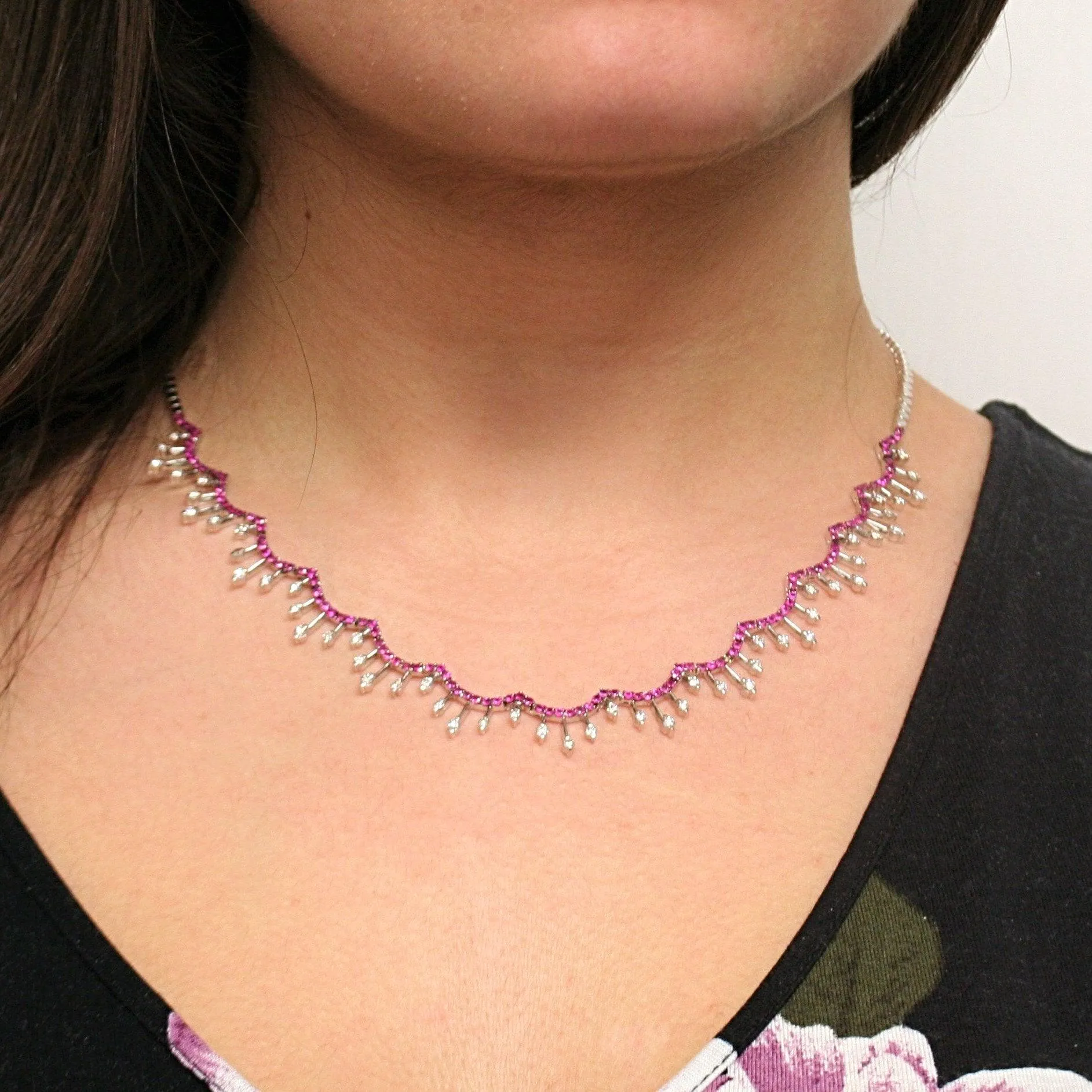 Ruby Diamond Collar Necklace 18K White Gold