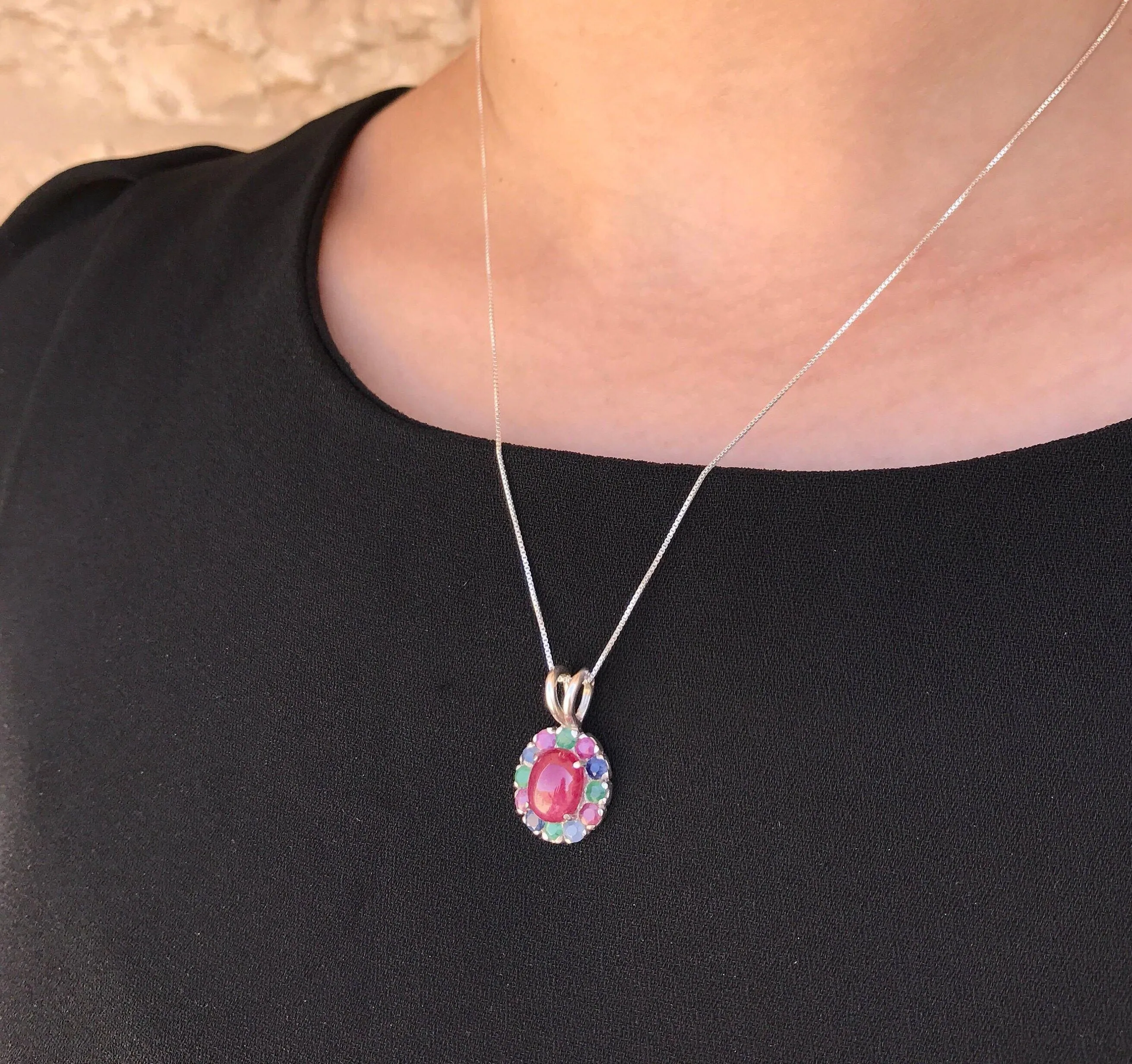 Ruby Flower Necklace - Natural Ruby Pendant - Mothers Birthstone Necklace