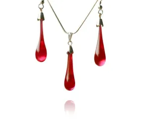 Ruby Glass Hook Earring & Drop Pendant Necklace Set