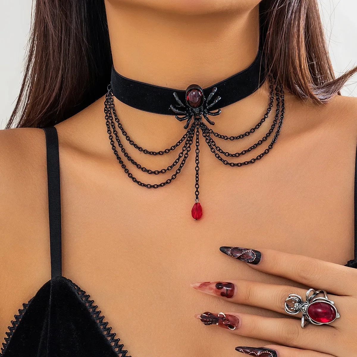 Ruby Spider Gothic Charm Choker Necklace with Blood Drop Tassels