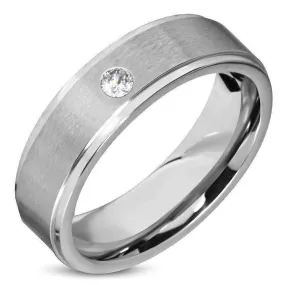 Satin Finished Classic Men's 316 Stainless Steel Band Ring with Inset CZ