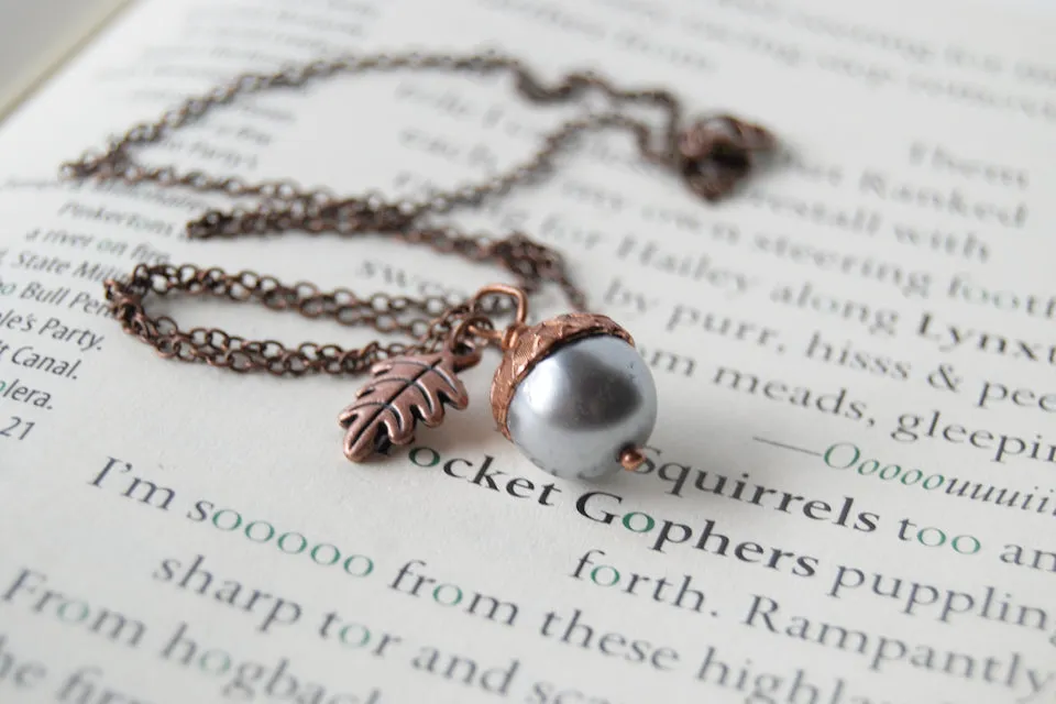 Silver and Copper Pearl Acorn Necklace | Cute Nature Acorn Charm Necklace | Fall Acorn Necklace | Woodland Pearl Acorn | Nature Jewelry