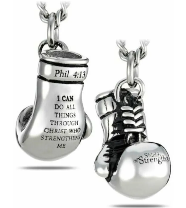 Silver Boxing Glove Necklace Boxing Gloves Chain Boxing Jewelry PHIL 4:13 I CAN DO ALL THINGS 925 Sterling Silver24in.