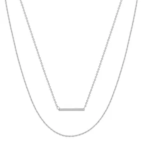 Silver Double Layer Thin Bar & Chain Necklace