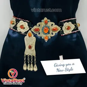 Silver Kuchi Turkman Belt With Brown Glass Stones