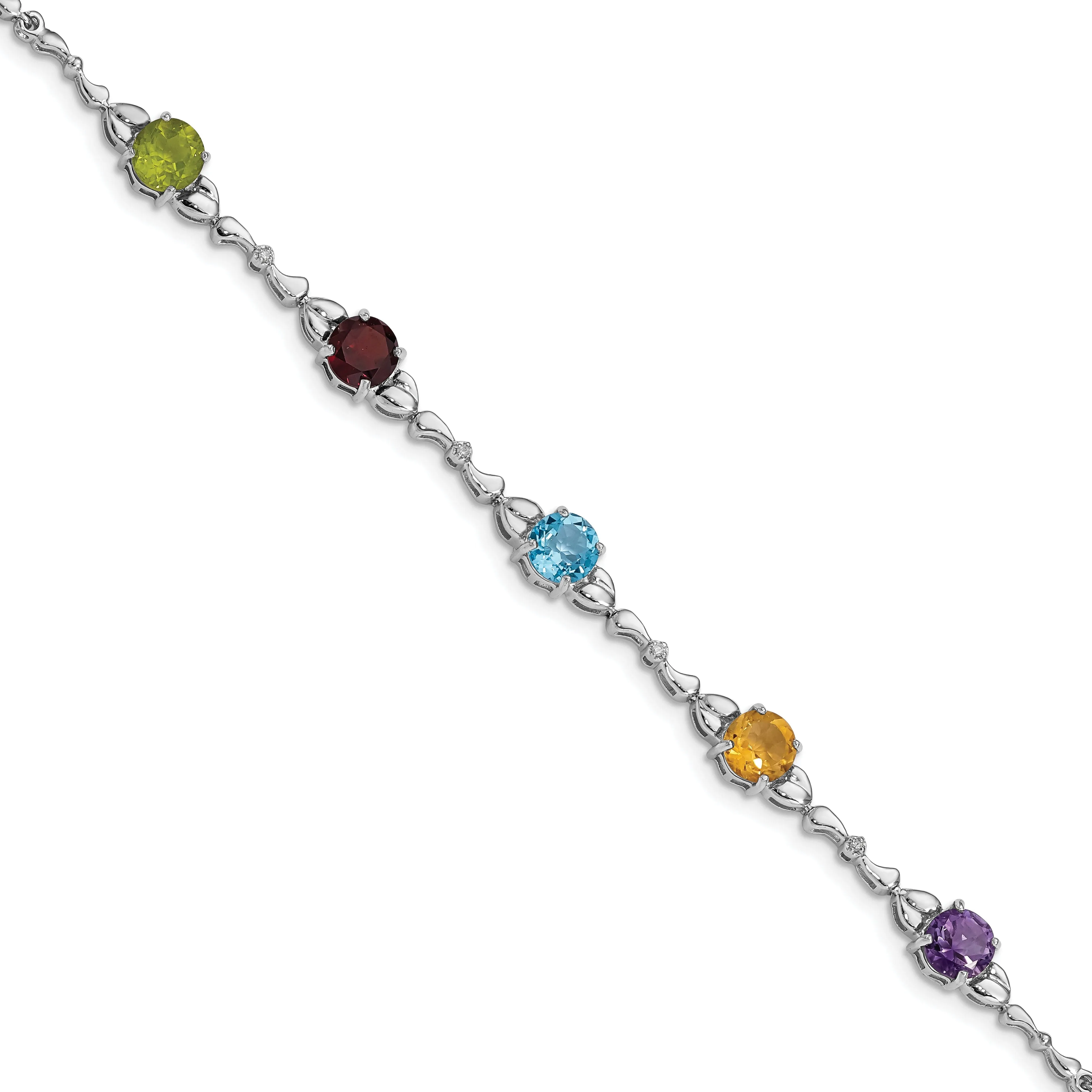 Silver Polished Multi Gemstone Diamond Bracelet