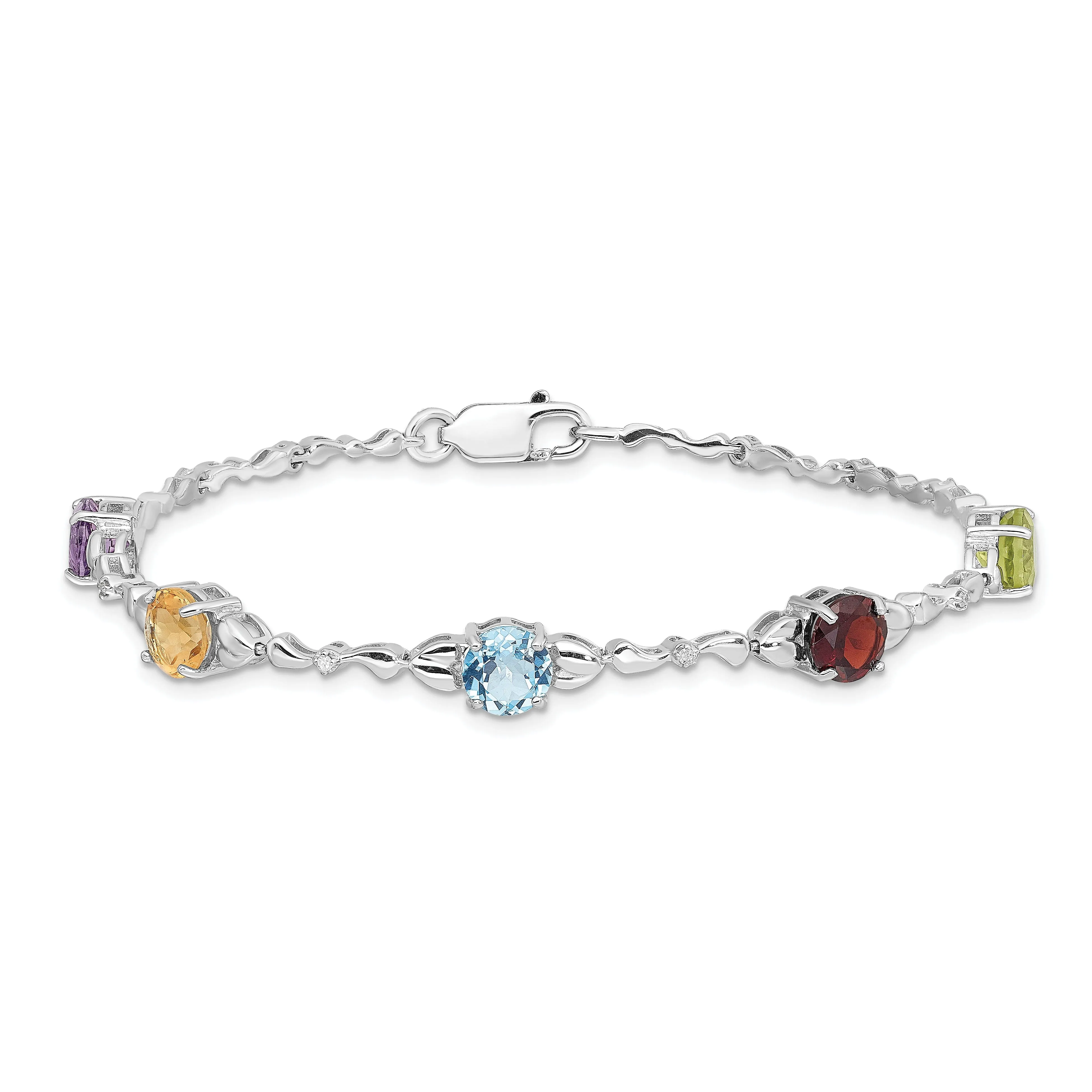 Silver Polished Multi Gemstone Diamond Bracelet