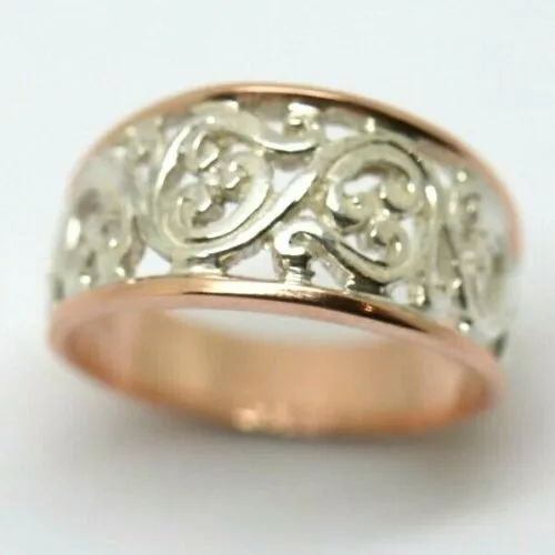 Size 6.75 / N 1/2  New Genuine Sterling Silver & 9ct Rose Gold Rims Filigree Swirl Ring