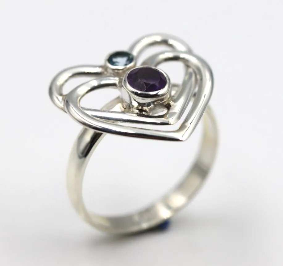 Size Q Sterling Silver Purple Amethyst  Blue Topaz Double Heart Ring