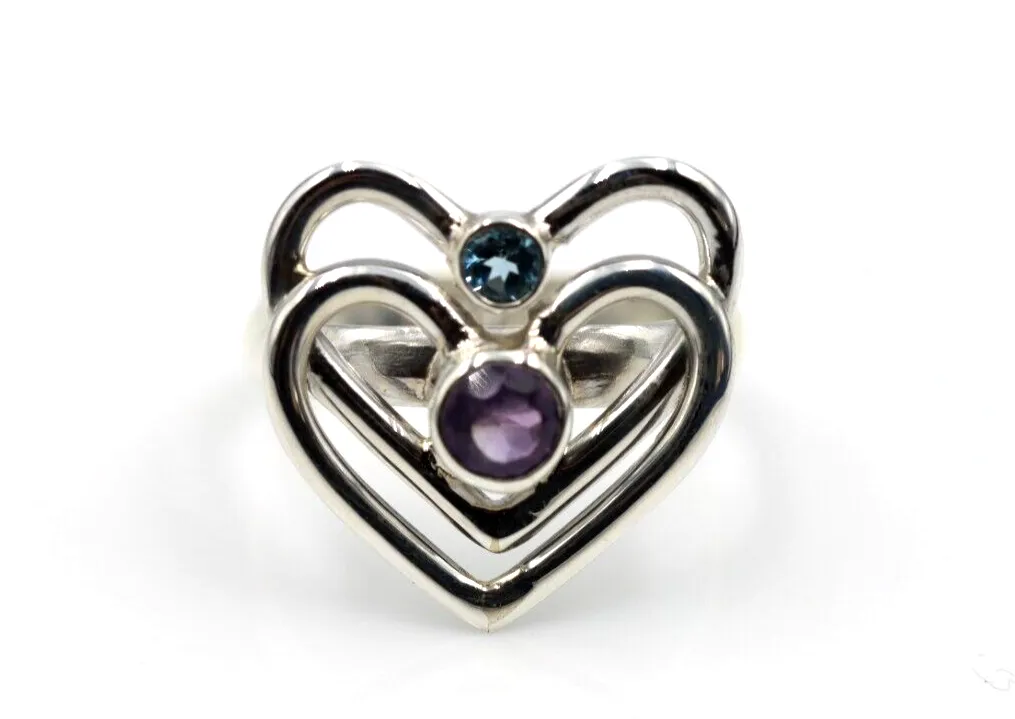 Size Q Sterling Silver Purple Amethyst  Blue Topaz Double Heart Ring