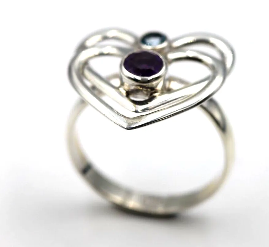 Size Q Sterling Silver Purple Amethyst  Blue Topaz Double Heart Ring