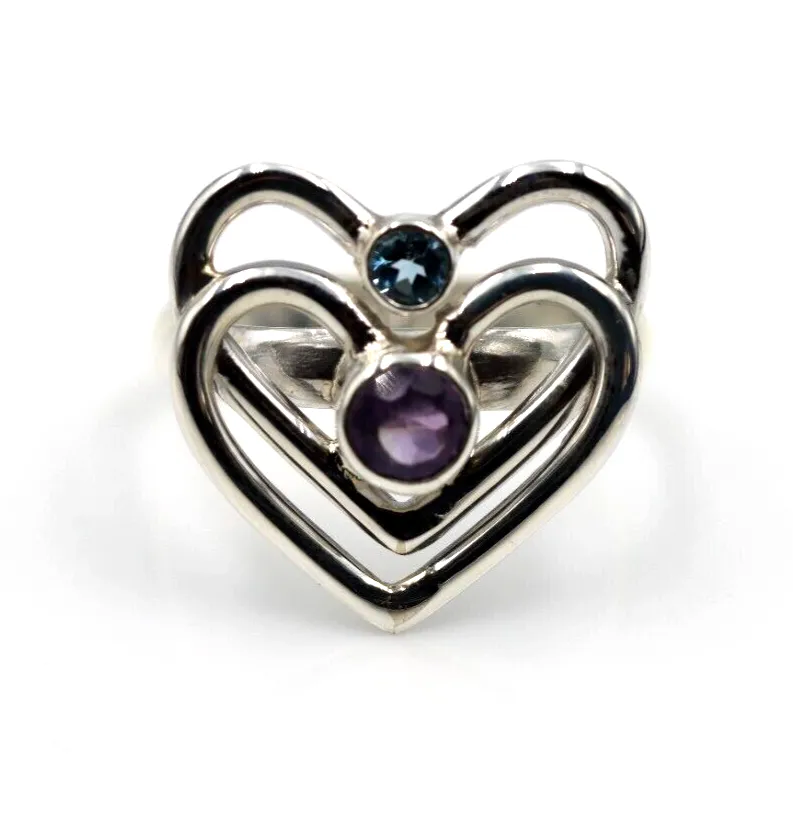 Size Q Sterling Silver Purple Amethyst  Blue Topaz Double Heart Ring