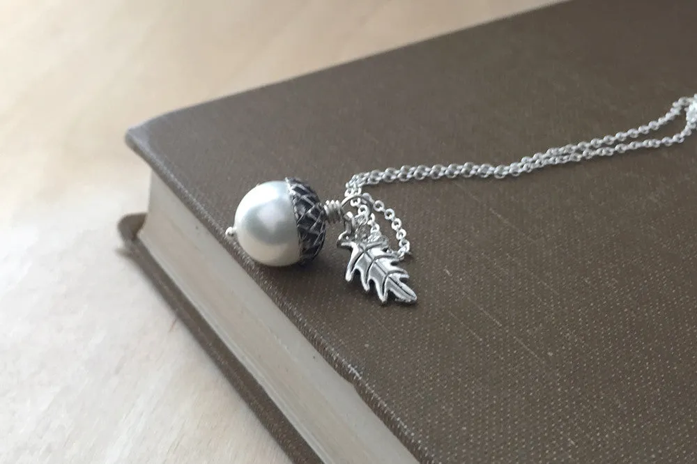 Snow and Silver Pearl Acorn Necklace | Cute Nature Acorn Charm Necklace | Fall Acorn Necklace | Woodland Acorn | Nature Jewelry