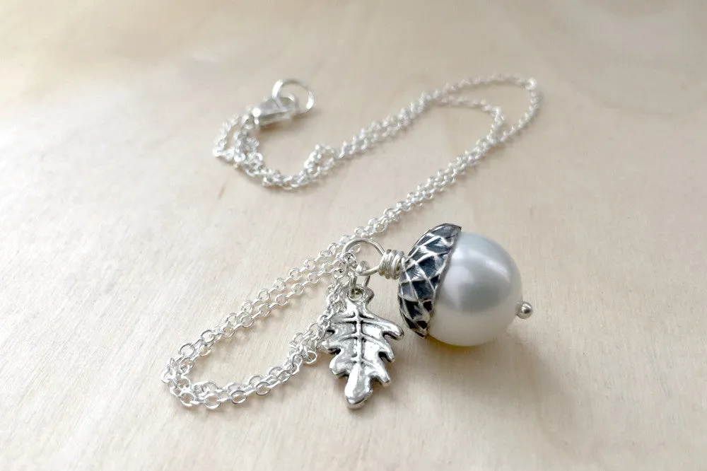 Snow and Silver Pearl Acorn Necklace | Cute Nature Acorn Charm Necklace | Fall Acorn Necklace | Woodland Acorn | Nature Jewelry