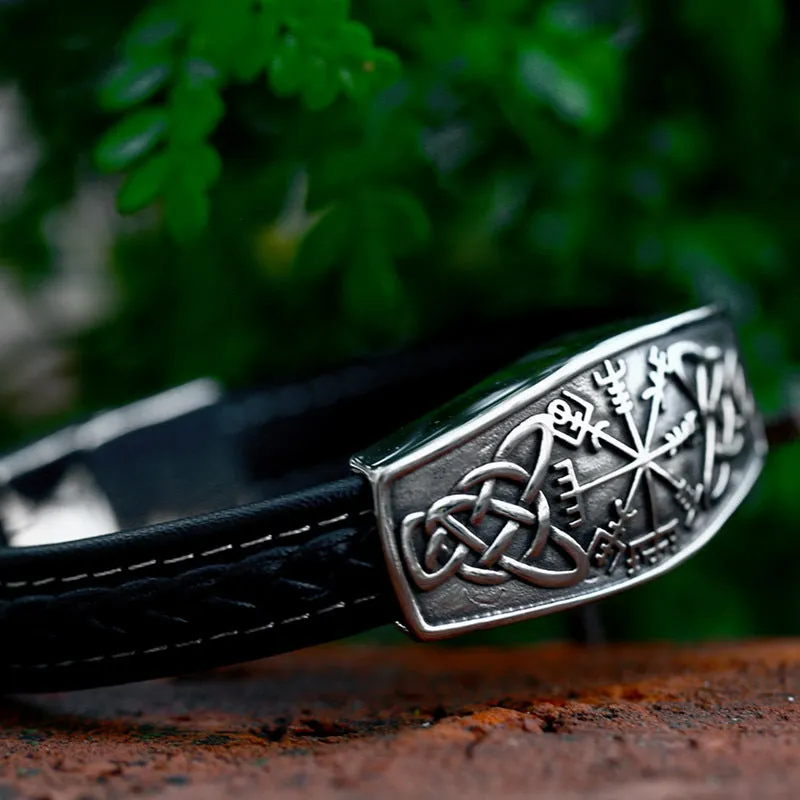 Stainless Steel Viking Rune Bracelet - Retro Leather Jewelry for Men