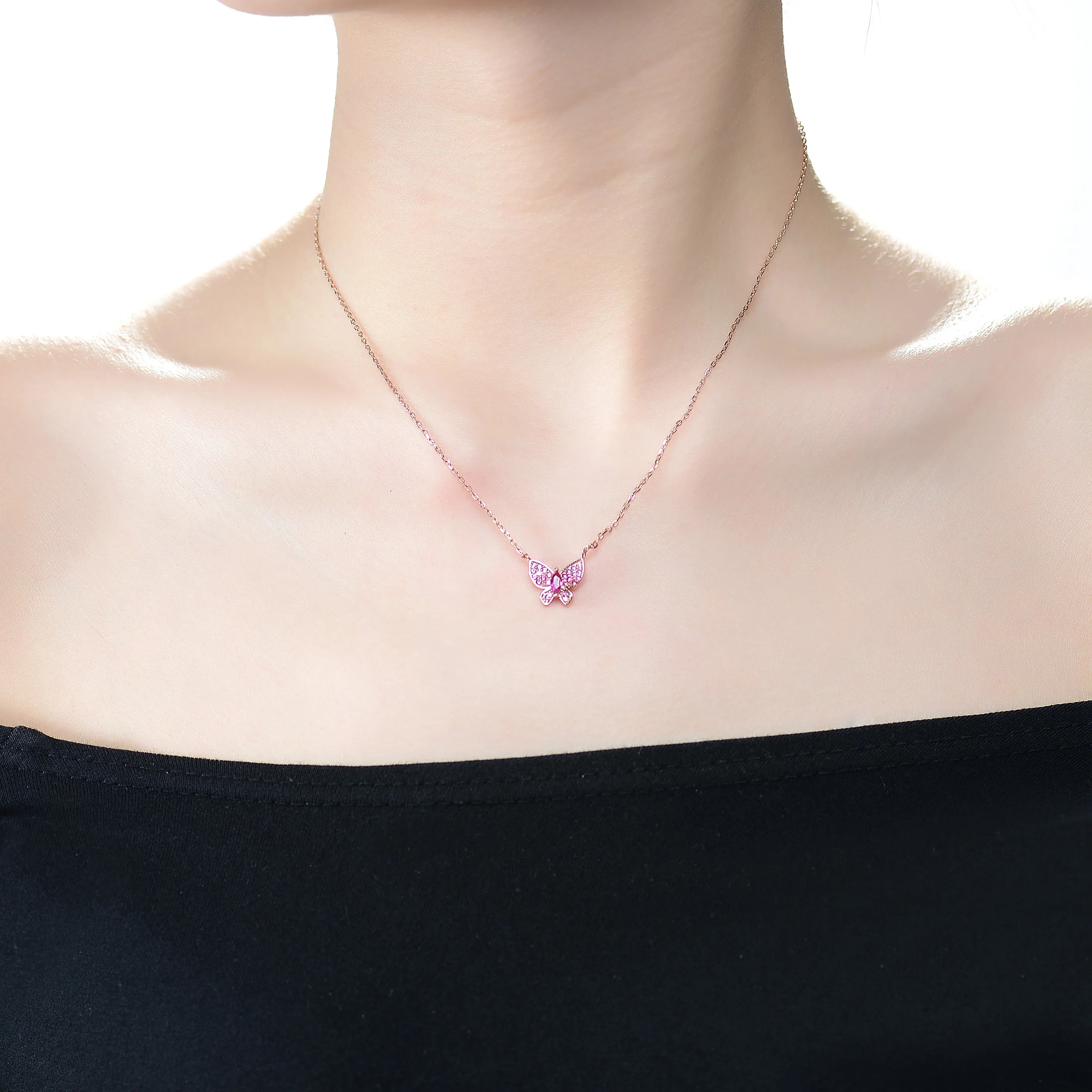 Sterling Silver 18k Rose Gold Plated with Ruby & Cubic Zirconia Pave Butterfly Pendant Layering Necklace