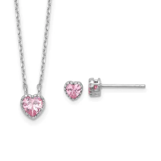 Sterling Silver Children's Pink CZ Heart Necklace and Stud Earrings Set