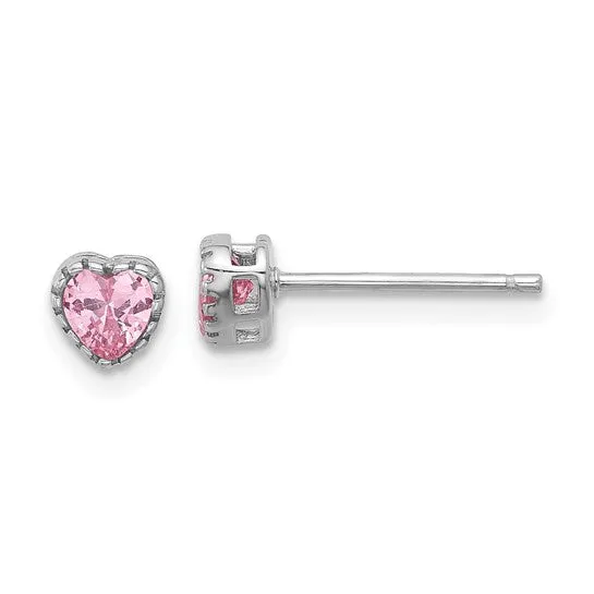 Sterling Silver Children's Pink CZ Heart Necklace and Stud Earrings Set