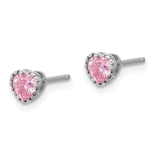 Sterling Silver Children's Pink CZ Heart Necklace and Stud Earrings Set