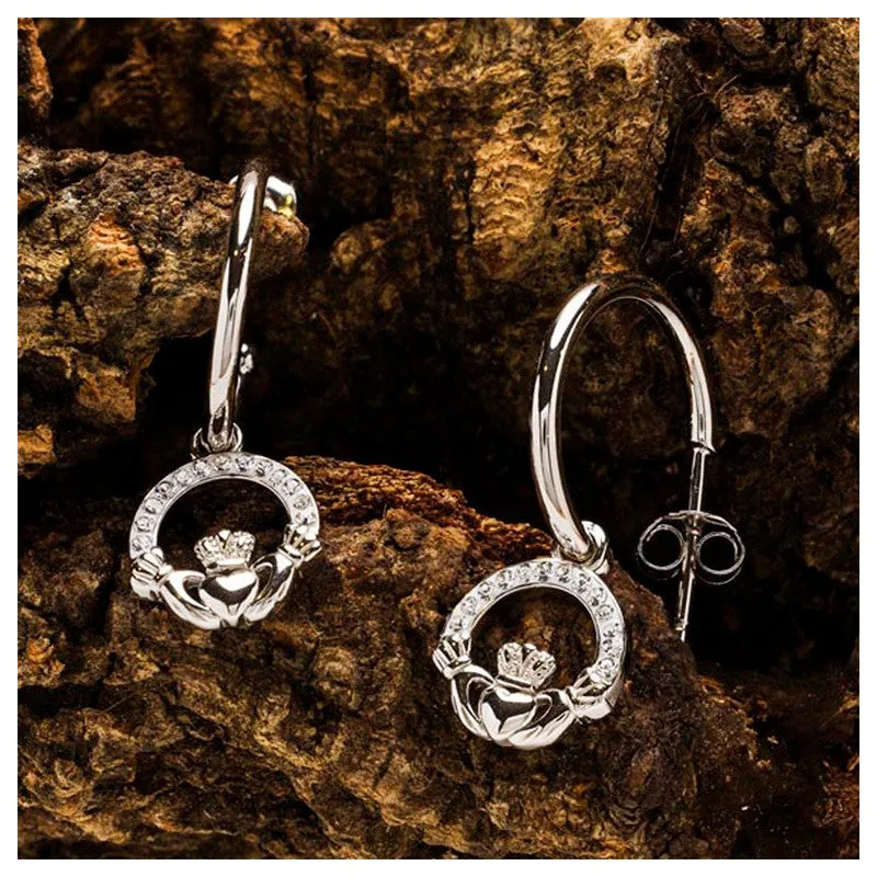 Sterling Silver Crystal Claddagh Hoop Earrings