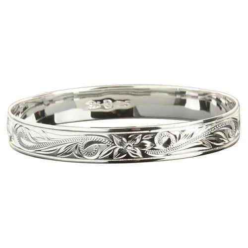 Sterling Silver Hawaiian Bangle Scroll Plumeria Engraving Straight Edge