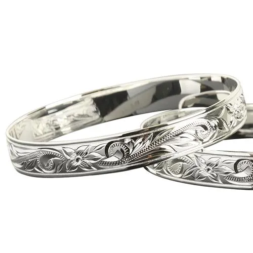 Sterling Silver Hawaiian Bangle Scroll Plumeria Engraving Straight Edge