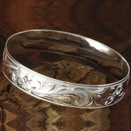 Sterling Silver Hawaiian Bangle Scroll Plumeria Engraving Straight Edge