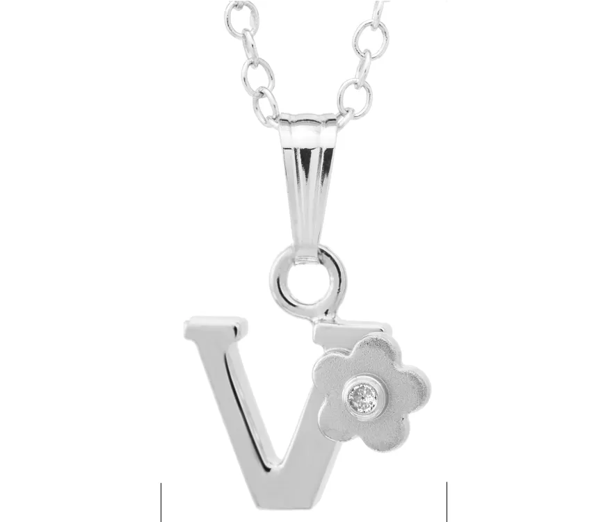 Sterling Silver Inital Diamond Flower "V" Necklace with a 15in chain