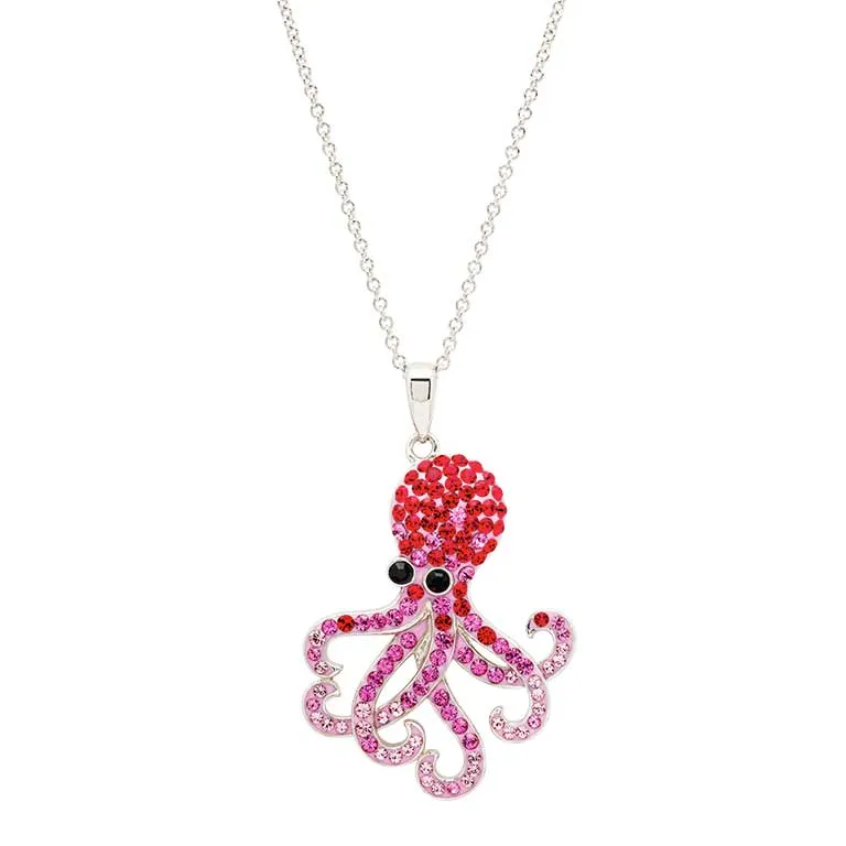 Sterling Silver Pink Crystals Octopus Necklace