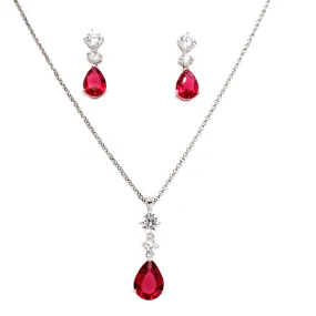 Sterling Silver Ruby Pear Drop CZ Earrings & Necklace Set