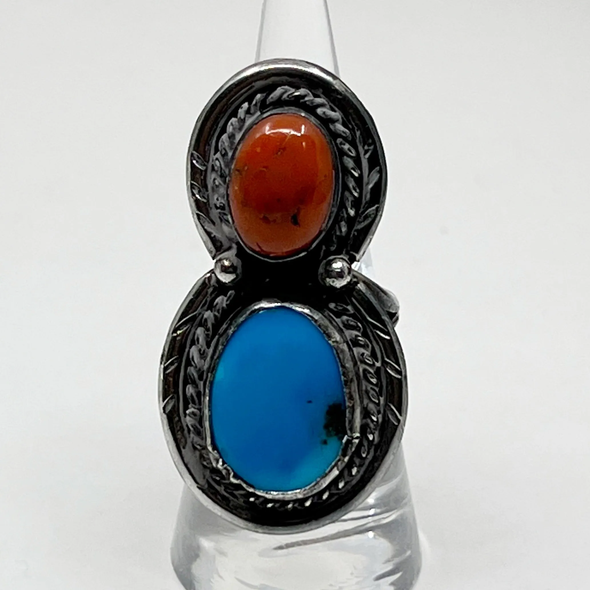 Steven Apachito Navajo sterling silver turquoise & coral ring GM121