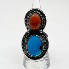 Steven Apachito Navajo sterling silver turquoise & coral ring GM121