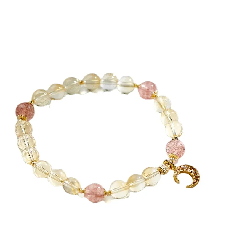 Strawberry Crystal Moon Pendant Bracelet for Girlfriend's Birthday with Citrine