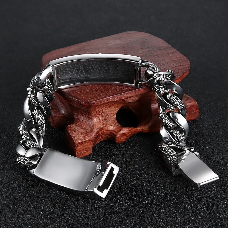 Stylish Retro Titanium Steel Cross and Flower Bracelet for Men - European and American Fashion