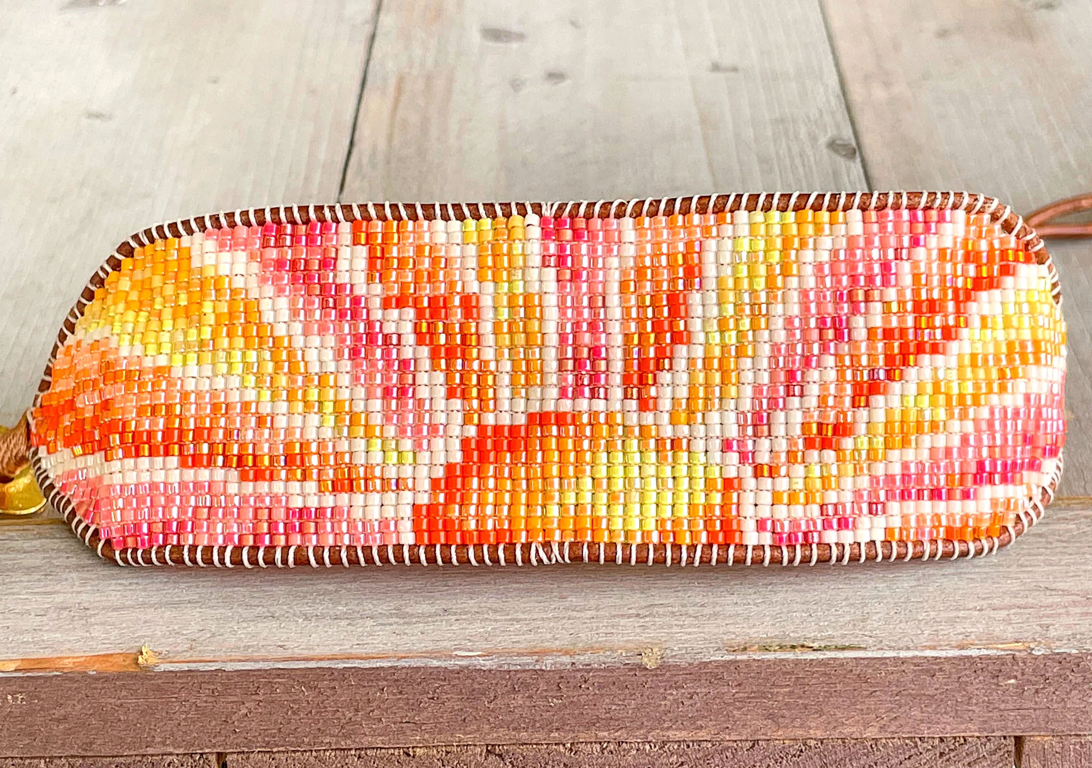 Sunshine Bead Loom Woven Cuff Bracelet with leather trim