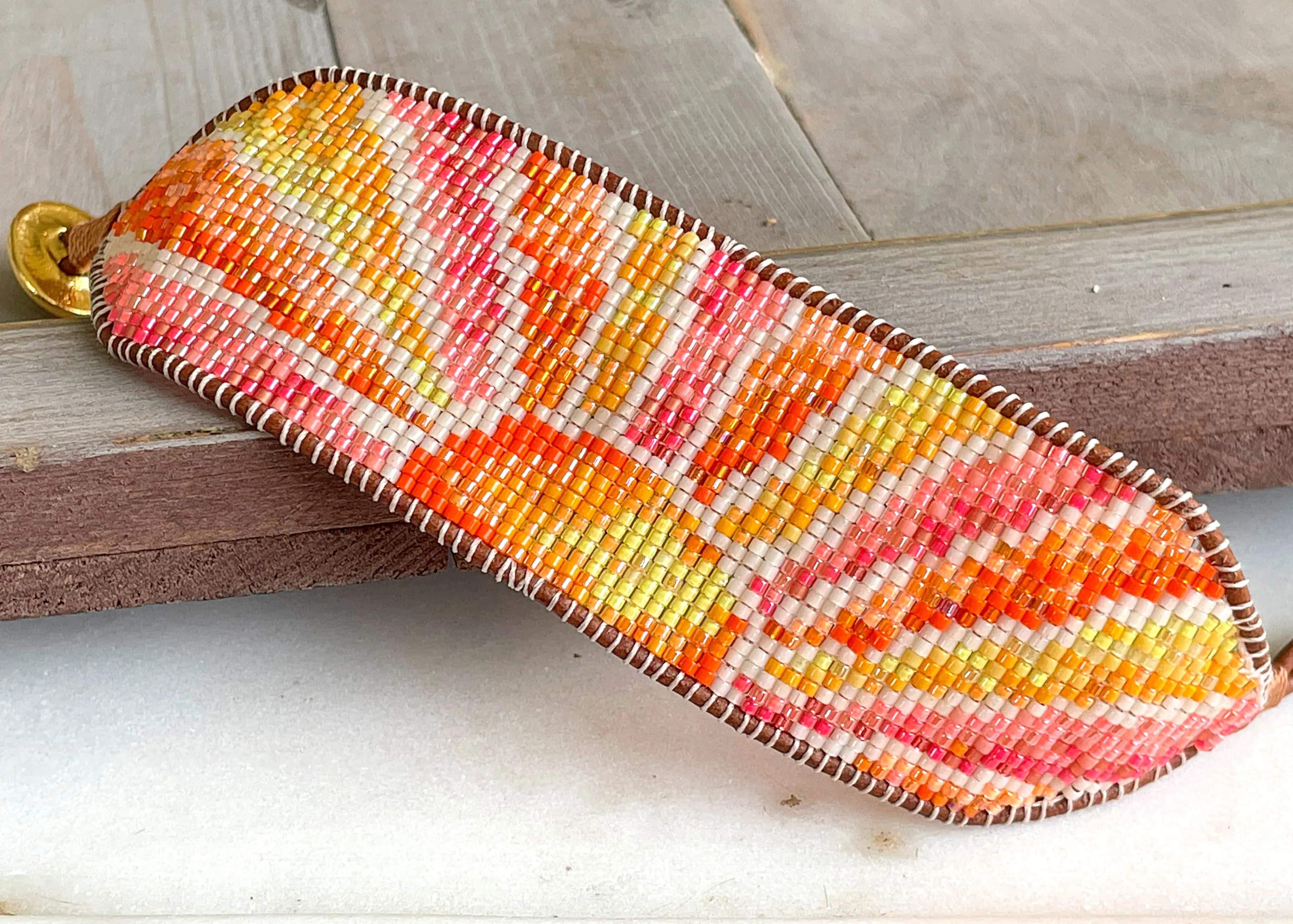 Sunshine Bead Loom Woven Cuff Bracelet with leather trim