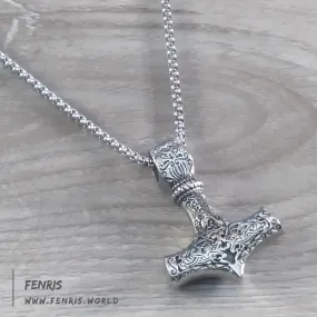 Thor's Hammer Necklace Silver Embossed Norse Viking Style