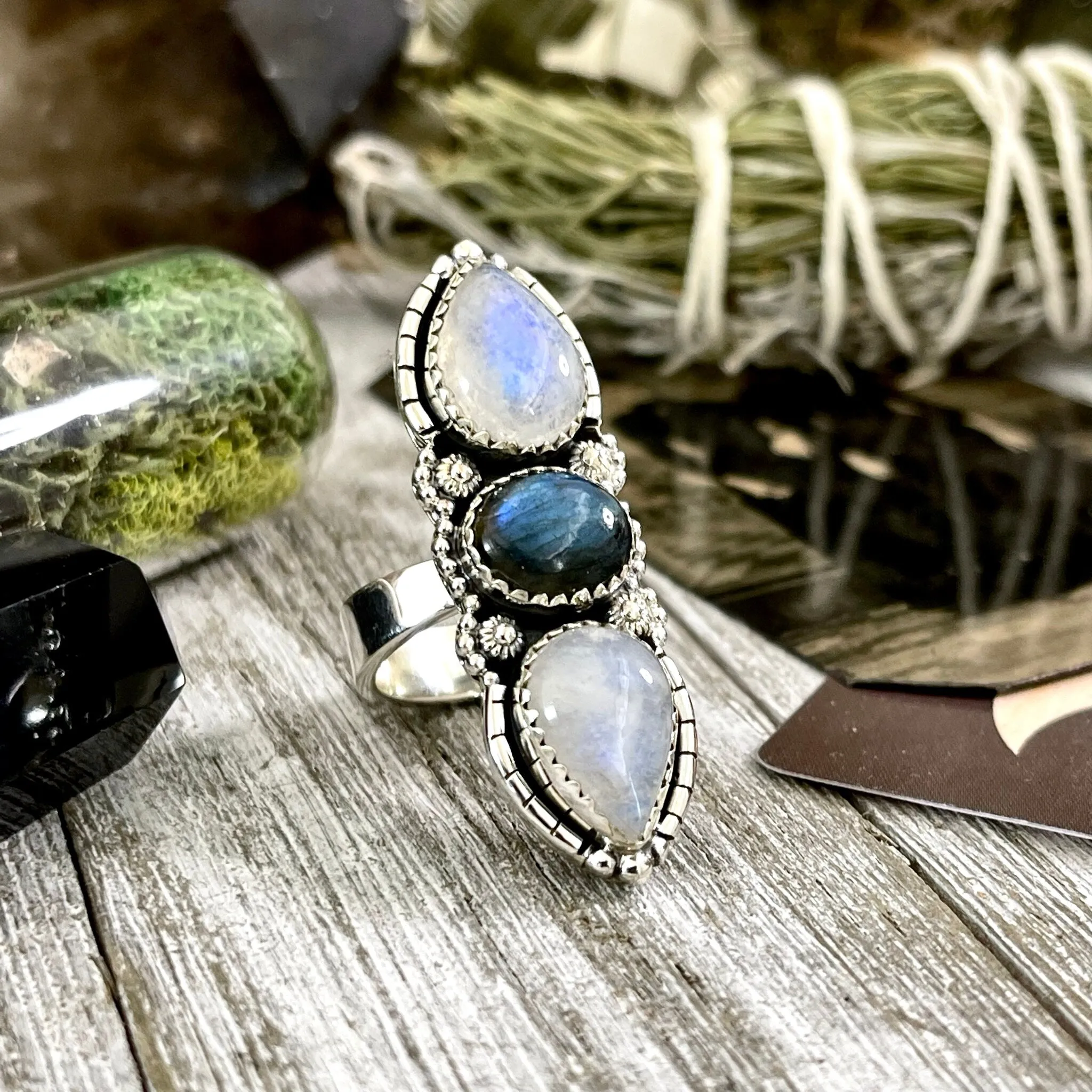 Three Stone Rainbow Moonstone and Labradorite Crystal Ring in Sterling Silver- Designed by FOXLARK Collection Adjustable to Size 6 7 8 9