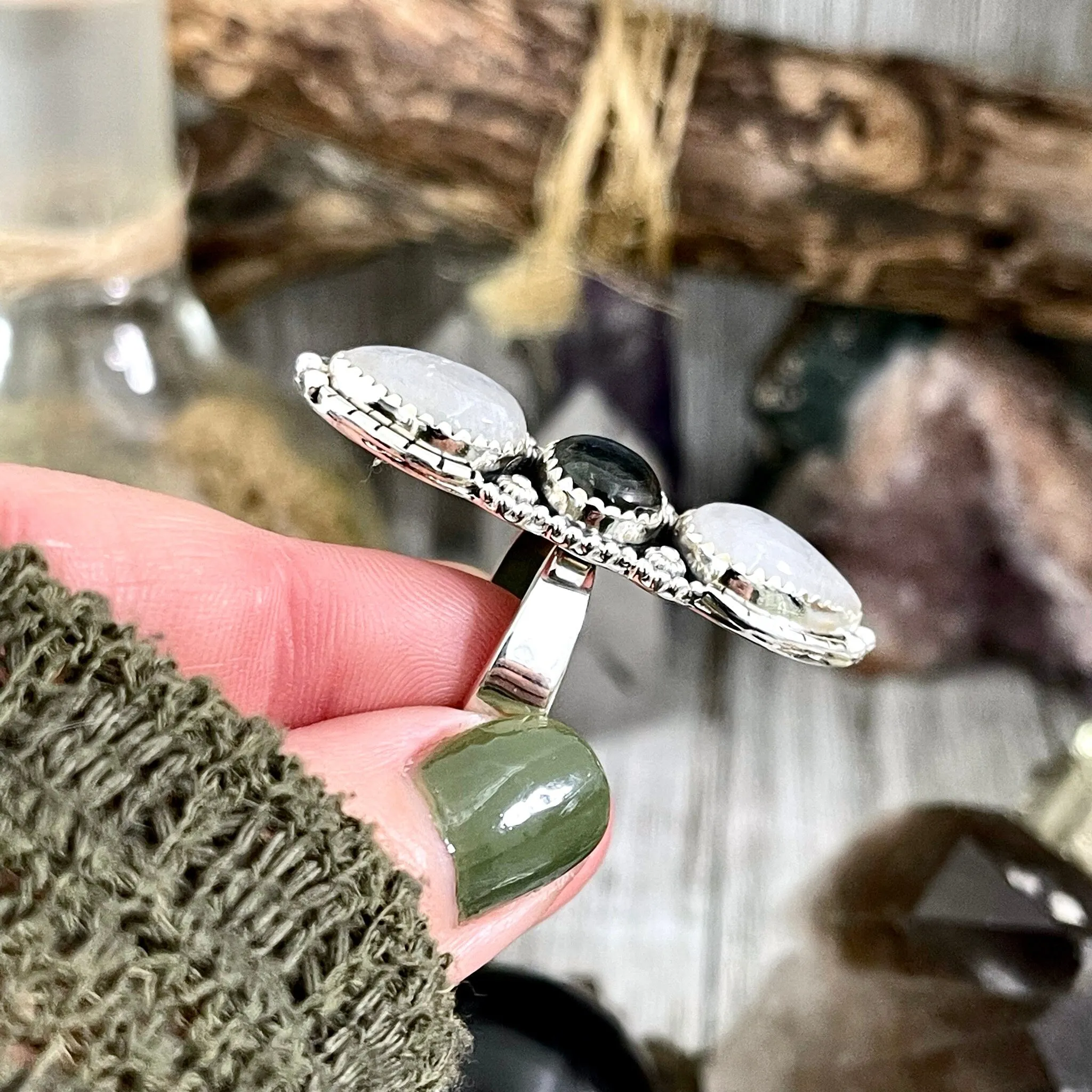 Three Stone Rainbow Moonstone and Labradorite Crystal Ring in Sterling Silver- Designed by FOXLARK Collection Adjustable to Size 6 7 8 9