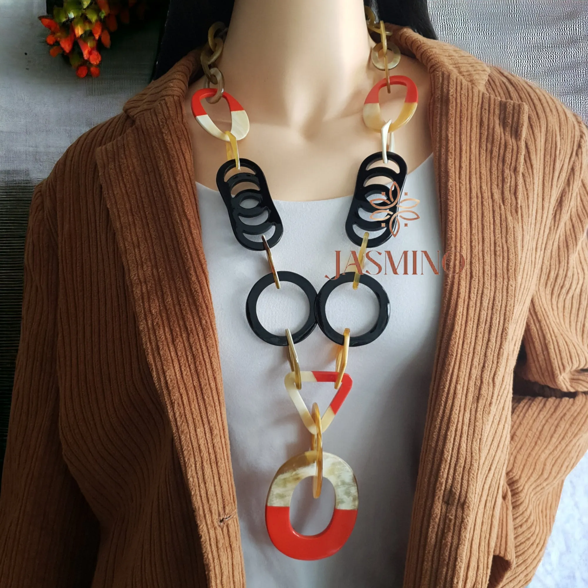 Trendy Handmade Necklace J17659, Made by Buffalo Horn and Lacquer