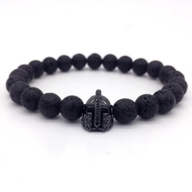 Trendy Lava Stone Pave CZ Imperial Crown And Helmet Charm Bracelets