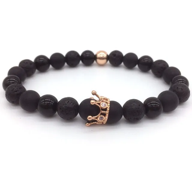 Trendy Lava Stone Pave CZ Imperial Crown And Helmet Charm Bracelets