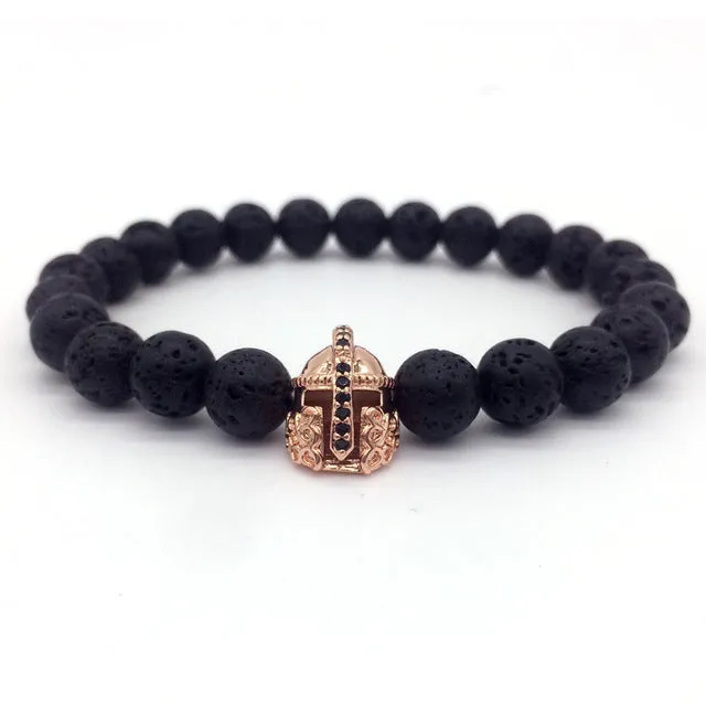 Trendy Lava Stone Pave CZ Imperial Crown And Helmet Charm Bracelets