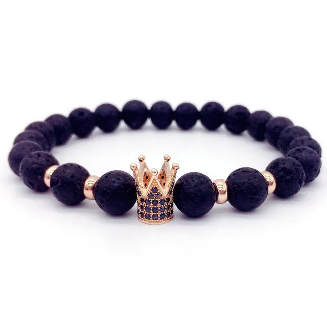 Trendy Lava Stone Pave CZ Imperial Crown And Helmet Charm Bracelets