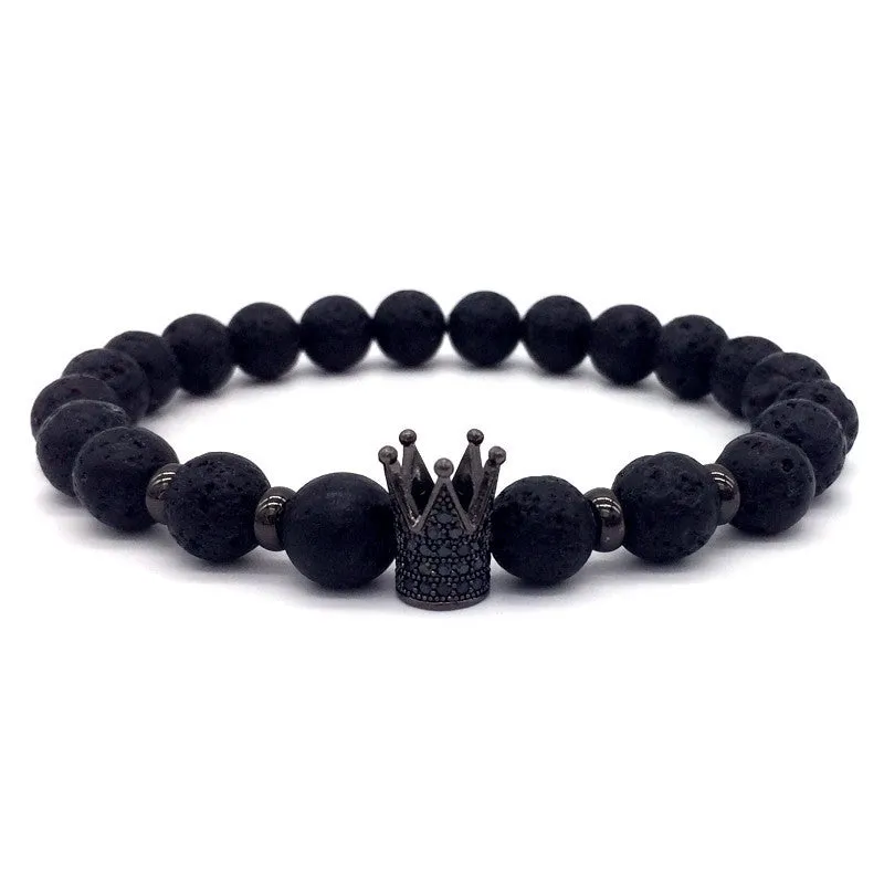 Trendy Lava Stone Pave CZ Imperial Crown And Helmet Charm Bracelets