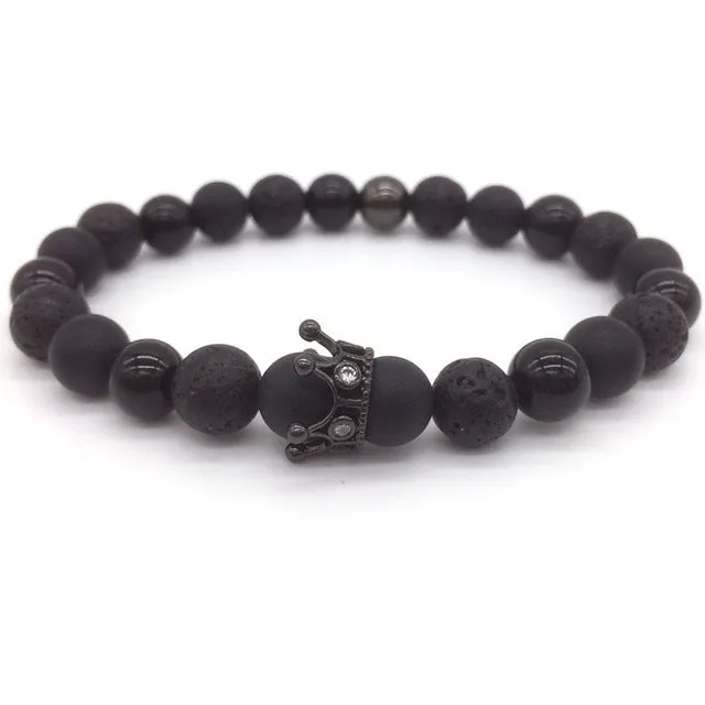 Trendy Lava Stone Pave CZ Imperial Crown And Helmet Charm Bracelets